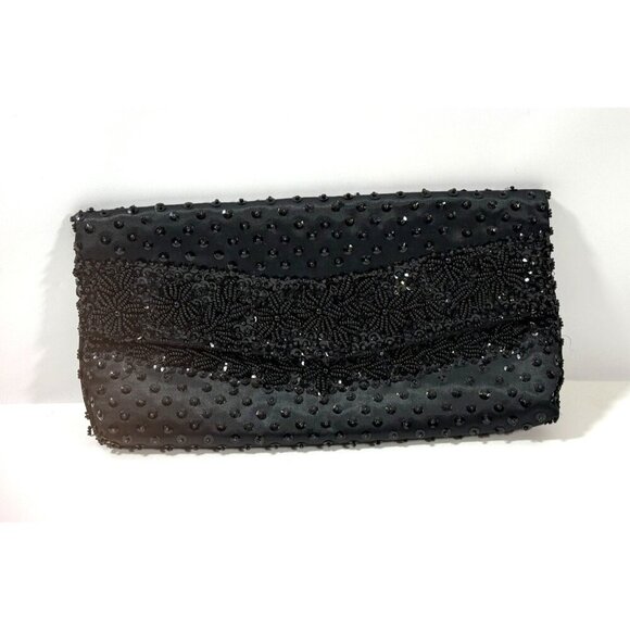 Vtg Black Beaded Satin Evening Clutch Micro Bead Flowers Snap Close Hong Kong - Picture 4 of 11